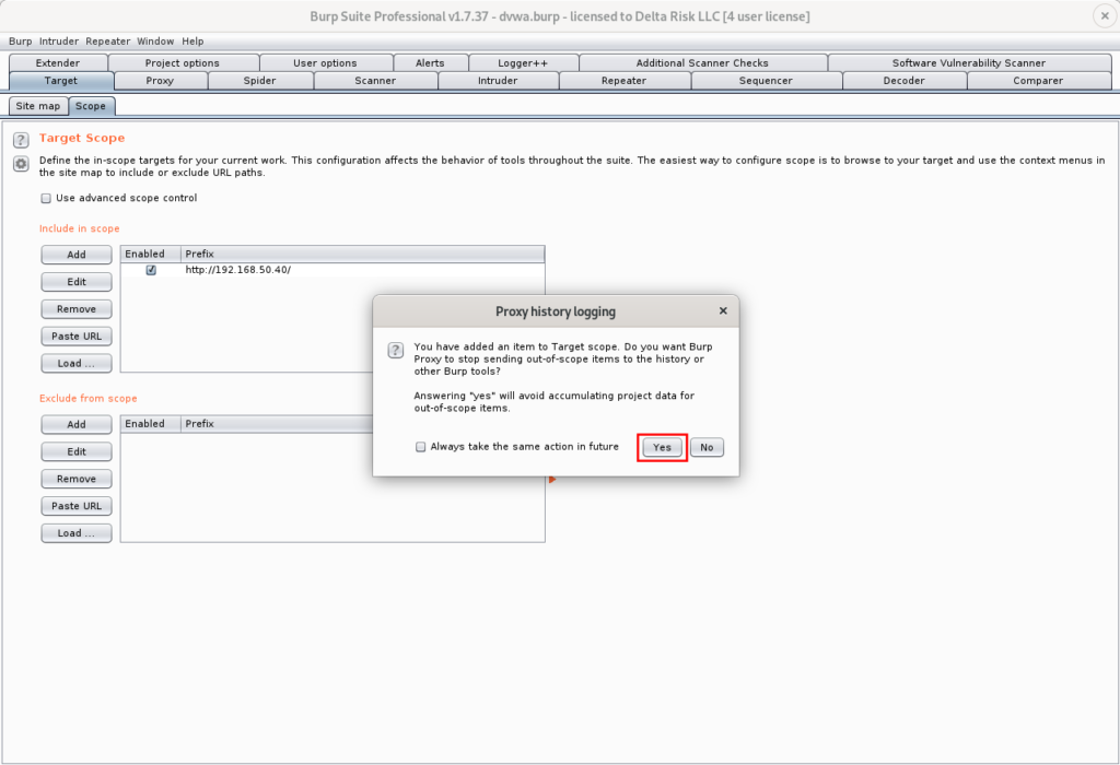 Disable logging of out-of-scope Items for Burp Suite Professional