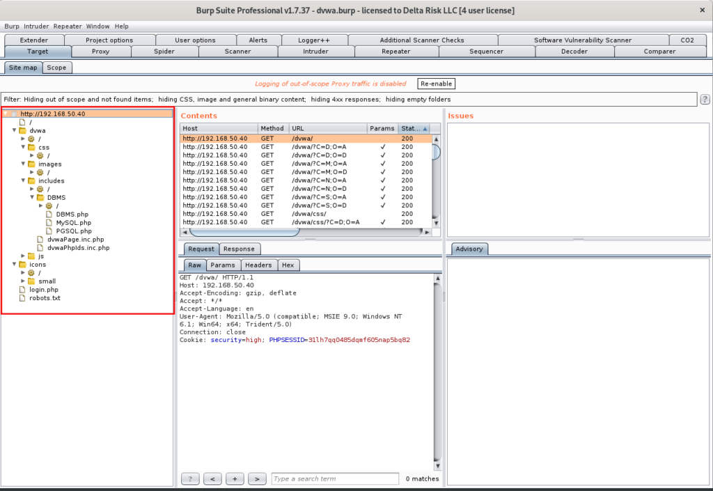 Successfully Spidering the DWVA Application for Burp Suite Professional